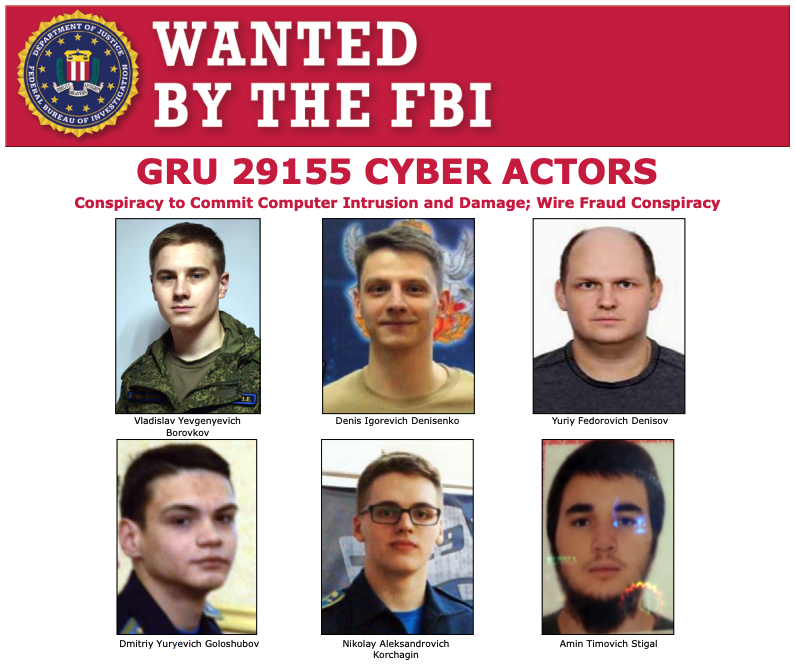 The six Russian nationals indicted by the U.S. Department of Justice for hacking Ukrainian government agency, a U.S. government agency, and other targets, using the WhisperGate malware.