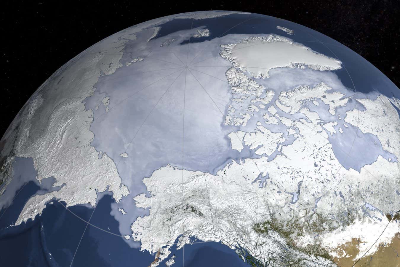 Satellite image of the sea ice maximum extent in the north hemisphere. Elements of this images furnished by NASA/Goddard Space Flight Center Scientific Visualization Studio; Shutterstock ID 1164807439; purchase_order: -; job: -; client: -; other: -