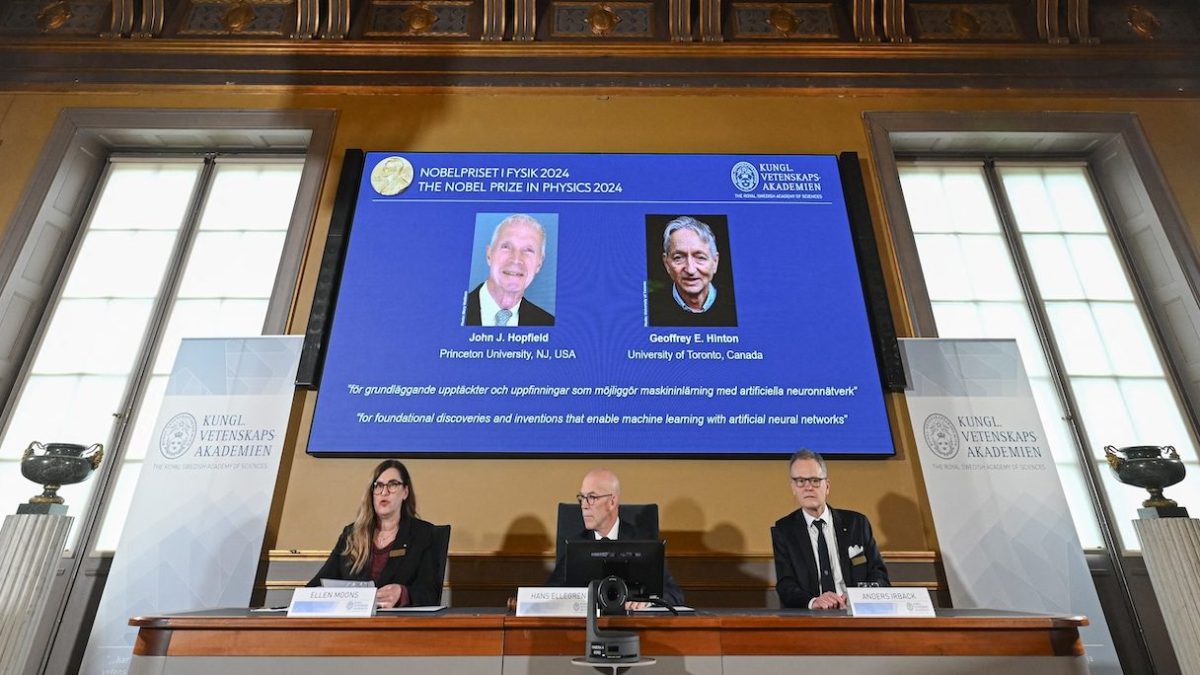 Screen showing the laureates of the 2024 Nobel Prize in Physics, John J Hopfield and Geoffrey E Hinton