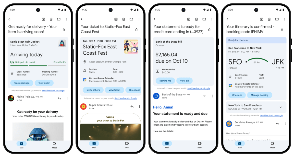Las nuevas 'tarjetas de resumen' de Gmail te ayudan a tomar medidas en tus correos electrónicos, como rastrear paquetes y registrar vuelos