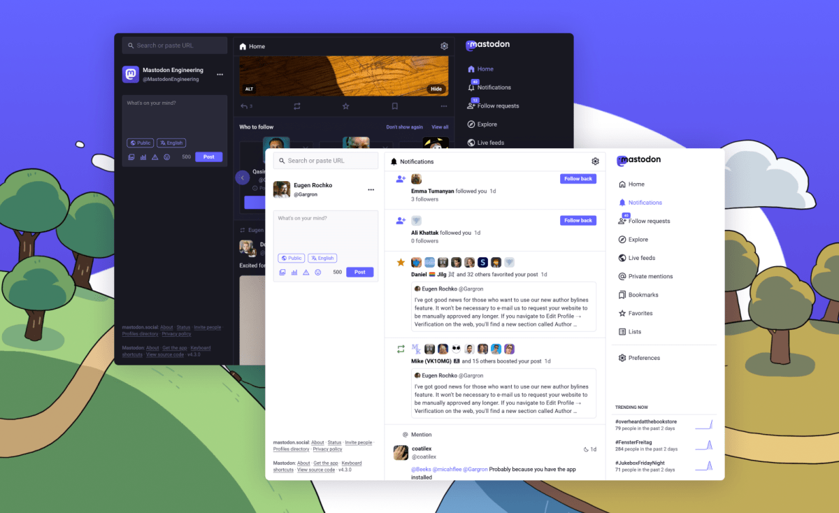 Two screenshots of Mastodon's new update