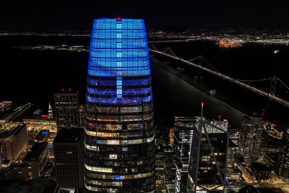 SAN FRANCISCO, CALIFORNIA - MARCH 15: An aerial night view of Salesforce Tower and buildings in San Francisco, California, United States on March 15, 2024. (Photo by Tayfun Coskun/Anadolu via Getty Images)